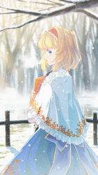 Rule 34 | 1girl, absurdres, alice margatroid, back bow, blonde hair, blue bow, blue dress, blue eyes, book, bow, breath, capelet, chinese commentary, commentary request, dress, fence, frilled hairband, frills, hairband, highres, holding, holding book, jiege, long sleeves, looking at viewer, medium hair, outdoors, red hairband, snowing, solo, touhou, tree, upper body, white capelet, winter