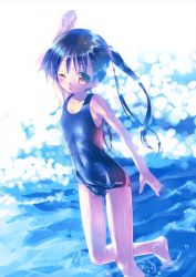 Rule 34 | 1girl, ;d, absurdres, arm up, barefoot, black hair, black one-piece swimsuit, blush, covered navel, flat chest, highres, one-piece swimsuit, one eye closed, open mouth, original, red eyes, scan, school swimsuit, shiny clothes, smile, soaking feet, solo, swimsuit, takoyaki (roast), twintails, wading, water, wet, wet clothes, wink
