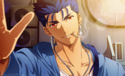 Rule 34 | 1boy, akujiki59, alley, blue hair, blue jacket, cigarette, cu chulainn (fate), cu chulainn (fate/stay night), earrings, fate/grand order, fate/stay night, fate (series), jacket, jewelry, long hair, male focus, necklace, open mouth, ponytail, red eyes, shirt, smile, smoking, solo, white shirt