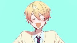 Rule 34 | 1boy, :d, blonde hair, blue necktie, blush, buttons, cardigan, chanms, closed eyes, collared shirt, commentary, diagonal-striped clothes, diagonal-striped necktie, double-parted bangs, facing viewer, gradient hair, hair between eyes, highres, kamiyama high school uniform (project sekai), light blue background, long bangs, male focus, multicolored hair, multicolored necktie, necktie, open mouth, orange hair, outline, project sekai, red necktie, school uniform, shirt, simple background, smile, striped clothes, tenma tsukasa, upper body, white necktie, white outline, white shirt, yellow cardigan