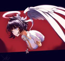 Rule 34 | 1girl, absurdres, angel, azazel (helltaker), black hair, blue eyes, blush, breasts, commentary request, cross, dated, disembodied torso, feathered wings, gloves, hair ribbon, halo, helltaker, highres, jewelry, large breasts, looking at viewer, necklace, ribbon, shirt, short hair, short sleeves, signature, smile, teupeu, upper body, white ribbon, white shirt, wings