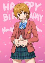 Rule 34 | 00s, 1girl, artist name, birthday, blazer, blue bow, blush, bow, bowtie, brown eyes, brown hair, character name, english text, eyelashes, futari wa precure, happy, happy birthday, heart, heart hands, jacket, joy ride, looking at viewer, misumi nagisa, navel, open mouth, pink background, precure, school uniform, shirt, short hair, simple background, skirt, smile, solo, standing