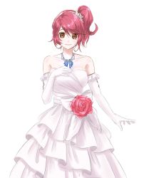 Rule 34 | 1girl, arm up, bare shoulders, breasts, brown eyes, character request, closed mouth, commentary request, copyright request, dress, elbow gloves, flower, frilled gloves, frills, gloves, hairband, highres, jewelry, layered dress, looking at viewer, mitsugu, necklace, red flower, red rose, rose, side ponytail, simple background, sleeveless, sleeveless dress, small breasts, smile, solo, standing, strapless, strapless dress, white background, white dress, white gloves, white hairband