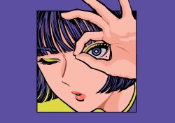 Rule 34 | 1girl, blunt bangs, border, closed eyes, green background, hand up, highres, looking at viewer, minillustration, mole, mole under eye, one eye closed, original, portrait, purple border, purple eyes, simple background, solo