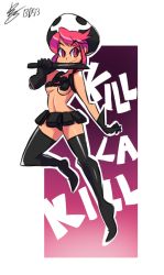 Rule 34 | 10s, 1girl, beanie, belt, belt pouch, bigdead, black gloves, boots, breasts, copyright name, gloves, hat, holster, jakuzure nonon, kill la kill, knife, nudist beach uniform, pink eyes, pink hair, pouch, short hair, shoulder holster, sidelocks, signature, small breasts, solo, thigh boots, thighhighs, underboob, utility belt