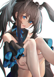 Rule 34 | 1girl, :d, ahoge, ambience synesthesia, amiya (arknights), animal ear fluff, animal ears, arknights, bare legs, black dress, blue eyes, blue ribbon, blush, brown hair, detached collar, dress, feet out of frame, henz, highres, knees up, long hair, looking at viewer, neck ribbon, off-shoulder dress, off shoulder, official alternate costume, open mouth, ponytail, rabbit ears, ribbon, simple background, sitting, smile, solo, very long hair, white background