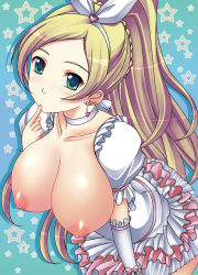 Rule 34 | 10s, 1girl, blonde hair, blush, bow, breasts, breasts out, choker, cure rhythm, detached sleeves, dress, earrings, finger to mouth, frills, green eyes, hair ribbon, huge breasts, jewelry, kuronezumi, leaning forward, long hair, magical girl, minamino kanade, nipples, nude, ponytail, precure, puffy sleeves, ribbon, solo, star (symbol), suite precure, white choker