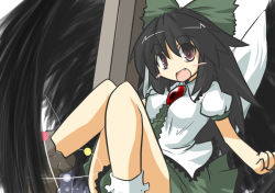 Rule 34 | 1girl, :d, arm cannon, black hair, black wings, blouse, blush, bobby socks, bow, breasts, brown eyes, cape, control rod, fang, goma (gomasamune), green skirt, hair bow, hair ornament, hair ribbon, large wings, long hair, looking at viewer, medium breasts, open mouth, puffy short sleeves, puffy sleeves, reiuji utsuho, ribbon, shirt, short sleeves, skirt, smile, socks, solo, touhou, weapon, white shirt, white socks, wings