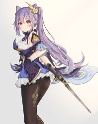 Rule 34 | 1girl, absurdres, ass, bare shoulders, blush, breasts, dress, genshin impact, gloves, hair ornament, highres, humany, keqing (genshin impact), long hair, looking at viewer, pantyhose, purple dress, purple hair, red eyes, short dress, skirt, smile, solo, sword, twintails, very long hair, weapon