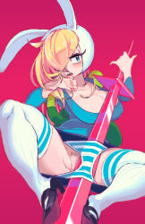 1girl adventure_time adventure_time:_fionna_and_cake animal_ears animal_hood blonde_hair blue_eyes blush breasts cleavage collarbone commentary fionna_campbell gashi-gashi genderswap genderswap_(mtf) hair_over_one_eye half-closed_eyes hood large_breasts open_mouth panties pink_background rabbit_ears rabbit_hood simple_background solo striped_clothes striped_panties symbol-only_commentary thick_thighs thighhighs thighs underwear upskirt