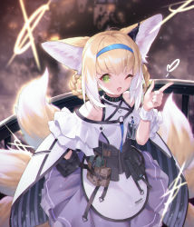 Rule 34 | 1girl, absurdres, animal ears, apron, aqua hairband, arknights, bare shoulders, black gloves, blonde hair, blush, braided hair rings, capelet, cloak, fox ears, fox tail, gloves, green eyes, hair rings, hairband, hand on own hip, heart, highres, infection monitor (arknights), jiusan naitang, looking at viewer, multicolored hair, multiple tails, one eye closed, open mouth, petticoat, short hair, single glove, skirt, smile, solo, suzuran (arknights), tail, waist apron, white apron, white hair