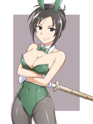 Rule 34 | 1girl, animal ears, aoki rei, black eyes, black hair, black pantyhose, bow, bowtie, breasts, cleavage, cowboy shot, crossed arms, detached collar, fake animal ears, gloves, green bow, green bowtie, green leotard, hair ornament, hairclip, idolmaster, idolmaster cinderella girls, large breasts, leotard, pantyhose, pataneet, playboy bunny, ponytail, rabbit ears, shinai, short hair, smile, solo, strapless, strapless leotard, sword, trainer (idolmaster), two-tone background, weapon, white gloves
