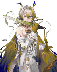 Rule 34 | 1girl, absurdres, arknights, bare shoulders, beads, belt, blonde hair, colored extremities, cowboy shot, dragon girl, dragon horns, earrings, green eyes, grey hair, hair between eyes, hair intakes, hand up, harukan tiusu, highres, holding, holding sword, holding weapon, horns, jacket, jewelry, long hair, long sleeves, looking at viewer, multicolored hair, necklace, off shoulder, orange pupils, pants, parted lips, pointy ears, purple hair, shu (arknights), signature, simple background, sketch, solo, standing, strapless, sword, tube top, very long hair, weapon, white background, white belt, white jacket, white pants, white tube top