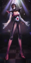 Rule 34 | 1boy, androgynous, android, black hair, hair over one eye, heart, highres, male focus, mettaton, mettaton ex, mist e10, solo, standing, undertale