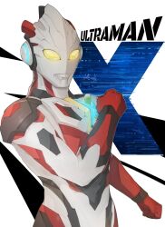 Rule 34 | 1boy, absurdres, alien, armor, bodysuit, breastplate, character name, clenched hands, commentary request, glowing, highres, looking at viewer, male focus, ni celery pk, red armor, red bodysuit, signature, twitter username, two-tone bodysuit, ultra series, ultraman x, ultraman x (series), vambraces, white bodysuit, yellow eyes