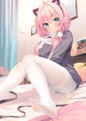 Rule 34 | 1girl, absurdres, animal ears, blue eyes, cat ears, chen bin, chinese commentary, commentary request, curtains, fake animal ears, hair ornament, hairband, highres, hugging object, indie virtual youtuber, indoors, knees together feet apart, long hair, long sleeves, looking at viewer, low twintails, on bed, pantyhose, pink hair, sakurada hane, sitting, solo, stuffed animal, stuffed toy, thighband pantyhose, toes, twintails, virtual youtuber, white pantyhose