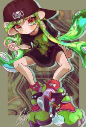 Rule 34 | 1girl, absurdres, backwards hat, baseball cap, black hat, black shirt, border, closed mouth, collarbone, commentary, full body, green border, green footwear, green hair, hat, highres, invisible chair, long hair, multicolored footwear, nintendo, octoling, octoling girl, octoling player character, payayo884, print shirt, red eyes, red footwear, shirt, signature, sitting, solo, splatoon (series), splatoon 3, symbol-only commentary, tentacle hair