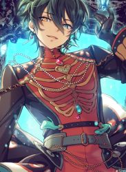 Rule 34 | 1boy, belt, black gloves, black hair, black jacket, black pants, blue butterfly, blue eyes, bug, butterfly, circus66, earpiece, earrings, ensemble stars!, gem, gloves, grey belt, hair between eyes, hand up, heterochromia, insect, jacket, jewelry, kagehira mika, long sleeves, looking at viewer, male focus, mandarin collar, multicolored clothes, multicolored jacket, pants, parted lips, picture frame, red jacket, short hair, smile, solo, tassel, two-tone jacket, upper body, yellow eyes