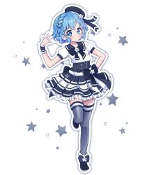 Rule 34 | 1girl, black footwear, black hat, black sailor collar, blue eyes, blue hair, braid, chii (chi pppuri), commentary request, dorothy west, full body, grey thighhighs, hand on own hip, hand up, hat, highres, idol clothes, looking at viewer, pretty series, pripara, puffy short sleeves, puffy sleeves, sailor collar, sailor hat, shoes, short hair, short sleeves, side braid, smile, solo, standing, star (symbol), thighhighs, white background, wrist cuffs