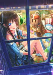 Rule 34 | 1girl, :d, aiuabo, alarm clock, animal, bag, black hair, blue hat, blue shirt, cake, clock, commentary request, controller, cup, food, fork, frog, from outside, hair ornament, hair over one eye, haniwa (statue), hat, heart, heart hair ornament, heart pendant, highres, index finger raised, indoors, long hair, looking outside, nail polish, nintendo, nintendo switch, no shoes, off-shoulder shirt, off shoulder, open mouth, original, pointing, rain, red eyes, red hat, remote control, saucer, shirt, shoulder bag, sitting, skirt, smile, socks, solo, teacup, unworn hat, unworn headwear, window