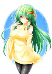 Rule 34 | 1girl, \||/, ^ ^, bare shoulders, blush, body blush, breasts, c:, closed eyes, detached sleeves, closed eyes, female focus, green hair, hand to own mouth, highres, impossible clothes, kochiya sanae, large breasts, leggings, long hair, looking at viewer, osashin (osada), pantyhose, ribbed sweater, scarf, smile, solo, straight hair, sweater, touhou, very long hair, wide sleeves, yellow eyes