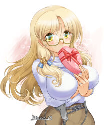 Rule 34 | 1girl, blonde hair, box, breasts, gift, gift box, glasses, heart-shaped box, highres, holding, holding box, holding gift, jewelry, kantai collection, large breasts, long hair, long sleeves, navy cross, northampton (kancolle), ranbu hararin, ring, semi-rimless eyewear, solo, sweater, valentine, wedding ring, white sweater, yellow eyes