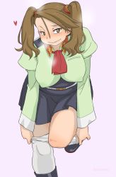 Rule 34 | 10s, 1girl, blush, boots, breasts, breath, brown eyes, brown hair, clothes pull, covered erect nipples, facing viewer, feet out of frame, female focus, green shirt, gundam, gundam build fighters, gundam build fighters try, highres, impossible clothes, impossible shirt, large breasts, leaning forward, looking at viewer, military, military uniform, miniskirt, panties, panties under pantyhose, pantyhose, pantyhose pull, purple background, sazaki kaoruko, shirt, simple background, skirt, smile, solo, sorashu, standing, standing on one leg, twintails, underwear, undressing, uniform, white panties, white pantyhose