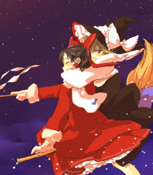 Rule 34 | 2girls, ^ ^, adapted costume, black dress, black hair, blonde hair, blush, bow, broom, broom riding, closed eyes, coat, dress, female focus, flying, gloves, gohei, hair bow, hair tubes, hakurei reimu, hat, hat bow, jitome, kirisame marisa, long sleeves, multiple girls, multiple riders, night, open mouth, pointing, pointing forward, red dress, scarf, shared clothes, shared scarf, sky, smile, star (sky), touhou, v-shaped eyebrows, white gloves, witch, witch hat, yellow eyes, yonu (yonurime)