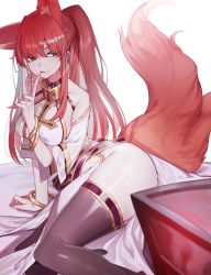 Rule 34 | 1girl, :q, absurdres, animal ears, arm support, bare shoulders, belt, black eyes, black thighhighs, bracelet, breasts, character request, cross, cross earrings, dress, earrings, finger to mouth, fox ears, fox girl, fox tail, hair between eyes, halter dress, halterneck, highres, index finger raised, jewelry, large breasts, long hair, looking back, loose belt, original, orn, red hair, side slit, sideboob, sitting, solo, tail, thighhighs, tongue, tongue out, twintails, very long hair, white dress, yokozuwari