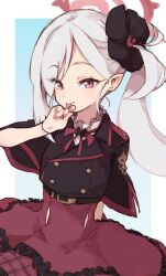 Rule 34 | 1girl, black scrunchie, black shirt, blue archive, blush, closed mouth, grey hair, hair ornament, hair scrunchie, halo, jamir, long hair, looking at viewer, mutsuki (blue archive), pink eyes, pointy ears, red halo, red skirt, scrunchie, shirt, short sleeves, side ponytail, skirt, smile, solo, tongue, tongue out