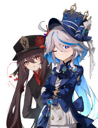 Rule 34 | 2girls, absurdres, blue eyes, blue hair, blush, boo tao (genshin impact), brown hair, chinese clothes, flower, flower-shaped pupils, furina (genshin impact), genshin impact, hat, hat ornament, highres, hu tao (genshin impact), long hair, long sleeves, looking at viewer, multiple girls, one eye closed, open mouth, plum blossoms, porkpie hat, qixia, red shirt, shirt, sidelocks, simple background, symbol-shaped pupils, twintails, vision (genshin impact), white background