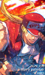 Rule 34 | 2024, black gloves, blonde hair, blue eyes, dated, fatal fury, fatal fury cap, fingerless gloves, gloves, happy birthday, highres, jacket, light smile, long hair, muscular, muscular male, p (sp grmow), pectorals, ponytail, red headwear, red jacket, shirt, sleeveless, sleeveless jacket, sleeveless shirt, terry bogard, the king of fighters