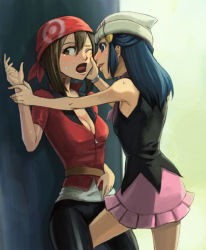 Rule 34 | 00s, 2girls, against wall, armpits, ass, bandana, beanie, bike shorts, blue eyes, blue hair, blush, breasts, brown eyes, brown hair, cleavage, creatures (company), dawn (pokemon), forced, frottage, game freak, hair ornament, hairclip, hat, leg between thighs, may (pokemon), medium breasts, multiple girls, nintendo, nyaasora, one eye closed, open mouth, pokemon, pokemon dppt, pokemon rse, rape face, skirt, small breasts, sweat, wink, you gonna get raped, yuri