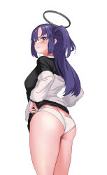 Rule 34 | 1girl, ass, black shirt, black skirt, blue archive, blush, butt crack, closed mouth, clothes lift, commentary, cowboy shot, from behind, frown, glaring, hair ornament, halo, highres, iya na kao sare nagara opantsu misete moraitai, lifted by self, long hair, long sleeves, looking at viewer, looking back, mechanical halo, miniskirt, pang (daty8882), panties, purple eyes, purple hair, shirt, simple background, skirt, skirt lift, solo, standing, two-tone shirt, two side up, underwear, wedgie, white background, white panties, white shirt, yuuka (blue archive)