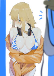 Rule 34 | 1girl, absurdres, beijuu, bikini, bikini top only, blonde hair, blue bikini, blue eyes, blurry, blurry foreground, bottomless, breasts, cowboy shot, depth of field, embarrassed, hair flaps, hair ornament, headphones, headphones around neck, highres, jacket tug, large breasts, long hair, off shoulder, parted lips, sidelocks, sleeves past wrists, solo focus, sweatdrop, swimsuit, tears, xiaoguang (you can eat the girl), you can eat the girl