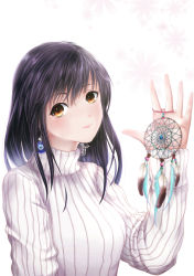 Rule 34 | 1girl, black hair, blush, brown eyes, dream catcher, earrings, hand up, highres, jewelry, long hair, looking at viewer, original, ribbed sweater, solo, sweater, upper body, white background, white sweater