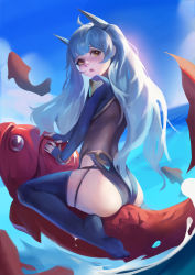 Rule 34 | 1girl, absurdres, ass, blue hair, blue nails, blue sky, carp, character request, chinese commentary, commentary request, copyright request, day, elbow gloves, ezi, fingerless gloves, fish, from behind, gloves, highleg, highleg swimsuit, highres, horns, long hair, looking at viewer, nail polish, ocean, one-piece swimsuit, open mouth, riding, sky, solo focus, swimsuit, thighhighs, turning head, twintails, wet, wet clothes, yellow eyes