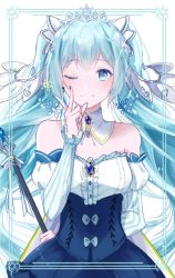 Rule 34 | ;), arm behind back, blue eyes, blue hair, blue nails, choker, detached sleeves, diadem, floating hair, hatsune miku, holding, holding staff, long hair, nail polish, one eye closed, osage (8545675), smile, solo, staff, strapless, twintails, very long hair, vocaloid, yuki miku