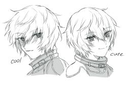 Rule 34 | 1boy, belt, closed mouth, english text, frown, greyscale, hair between eyes, kuga yuuma, looking at viewer, male focus, monochrome, multiple views, simple background, smile, standard666, turtleneck, white background, world trigger