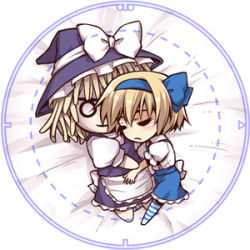 Rule 34 | 1girl, alice margatroid, alice margatroid (pc-98), blue skirt, bow, character doll, chibi, closed eyes, doll, female focus, frilled skirt, frills, hair ribbon, hat, hat bow, hug, kirisame marisa, lowres, mystic square, ribbon, skirt, solo, striped clothes, striped thighhighs, thighhighs, touhou, touhou (pc-98), urara (ckt), witch, witch hat