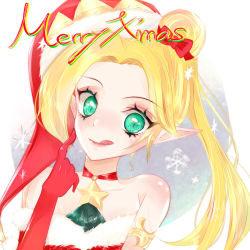 Rule 34 | 1girl, :q, ambitious elf jinx, armlet, artist request, bare shoulders, blonde hair, bow, breasts, choker, christmas, gloves, green eyes, hair bun, hat, jinx (league of legends), league of legends, long hair, long pointy ears, merry christmas, pointy ears, red gloves, ribbon, santa hat, side bun, side ponytail, single side bun, skinny, slit pupils, small breasts, snowflakes, tongue, tongue out, upper body