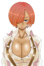 Rule 34 | blouse, blue eyes, breasts, dark-skinned female, dark skin, giovanna (guilty gear), guilty gear, guilty gear strive, highres, itini-sanshi, large breasts, looking at viewer, midriff, orange hair, portrait, shirt, solo, suspenders, sweat, white shirt