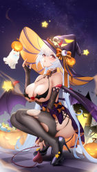 Rule 34 | 1girl, areola slip, bare shoulders, between legs, black footwear, black thighhighs, blush, breasts, bridal gauntlets, checkered floor, demon tail, demon wings, full body, ghost, hair between eyes, hand between legs, hand on headwear, hat, high heels, highres, jack-o&#039;-lantern, large breasts, liu liaoliao, long hair, night, night sky, original, parted lips, red eyes, sky, solo, squatting, star (symbol), tail, thighhighs, torn clothes, torn thighhighs, twintails, very long hair, white hair, wings, witch hat