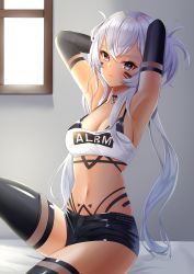 Rule 34 | 1girl, absurdres, alabama (azur lane), armpits, arms behind head, arms up, azur lane, bare shoulders, bikini, bikini top only, bikini under clothes, black bikini, black gloves, black shorts, black thighhighs, body markings, breasts, cleavage, closed mouth, clothes writing, commentary request, cowboy shot, dark-skinned female, dark skin, detached collar, elbow gloves, facial mark, gloves, hair between eyes, highleg, highleg bikini, highres, indoors, konparu uran, long hair, looking at viewer, medium breasts, midriff, navel, on bed, partial commentary, red eyes, shadow, short shorts, shorts, sidelocks, sitting, solo, strapless, swimsuit, thighhighs, tube top, twintails, very long hair, whisker markings, white hair, window