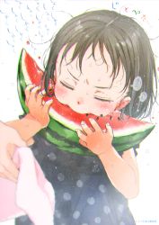 Rule 34 | 1girl, 1other, black dress, black hair, blush, closed eyes, commentary request, dress, eating, facing viewer, food, forehead, fruit, gomennasai, highres, holding, holding towel, original, polka dot, polka dot dress, solo focus, sweat, towel, translation request, v-shaped eyebrows, watermelon, white background