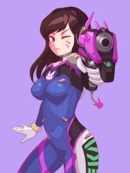 Rule 34 | 1girl, acronym, aiming, aiming at viewer, animal print, blue bodysuit, bodysuit, breasts, brown hair, charm (object), chib0b, d.va (overwatch), facepaint, facial mark, gloves, gun, headphones, high collar, highres, long hair, medium breasts, one eye closed, overwatch, overwatch 1, pilot suit, purple background, rabbit print, ribbed bodysuit, shoulder pads, simple background, skin tight, solo, swept bangs, weapon, whisker markings, white gloves
