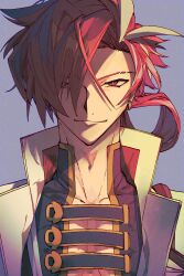 Rule 34 | 1boy, absurdres, earrings, fate/grand order, fate (series), hair over one eye, highres, jacket, jewelry, long hair, looking at viewer, low ponytail, male focus, multicolored hair, pectoral cleavage, pectorals, portrait, red eyes, red hair, simple background, smile, solo, streaked hair, takasugi shinsaku (fate), tei4 en9, upper body, white background, white hair, white jacket
