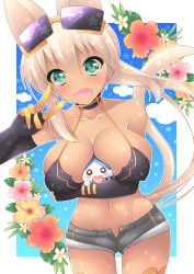 Rule 34 | 1girl, animal ears, blush, breasts, breasts squeezed together, cat ears, cat tail, cleavage, covered erect nipples, dark-skinned female, dark skin, denim, denim shorts, eyewear on head, fang, flower, gloves, groin, heart, heart-shaped pupils, highres, huge breasts, kaiten muten-maru, large breasts, navel, open mouth, pocopoco, shamu meruruusa, short shorts, shorts, solo, sunglasses, symbol-shaped pupils, tail, unzipped, v