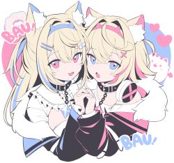 Rule 34 | 2girls, absurdres, animal collar, animal ear fluff, animal ears, black coat, black jacket, blonde hair, blue eyes, blue hair, blue hairband, breasts, chain, chocola vt, cleavage cutout, clothing cutout, coat, collar, dog ears, dress, fang, fuwawa abyssgard, fuwawa abyssgard (1st costume), hair ornament, hairband, headphones, headphones around neck, highres, holding hands, hololive, hololive english, jacket, jewelry, large breasts, long hair, long sleeves, looking at viewer, mococo abyssgard, mococo abyssgard (1st costume), multicolored hair, multiple girls, off shoulder, pendant, perroccino (fuwamoco), pink eyes, pink hair, pink hairband, shirt, short hair, siblings, sisters, spiked hairband, spikes, streaked hair, twins, two-tone hair, upper body, virtual youtuber, white background, white dress, white shirt, x hair ornament