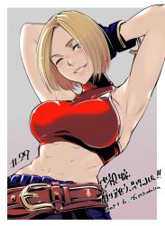 Rule 34 | 1girl, abs, armpits, arms behind back, bare shoulders, belt, blonde hair, blue mary, breasts, crop top, fatal fury, gloves, grin, halterneck, highres, koda1ra, large breasts, midriff, one eye closed, short hair, sleeveless, smile, snk, solo, the king of fighters